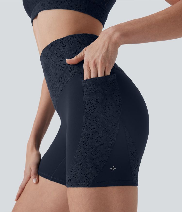 Halara UltraSculpt™ High Waisted Tummy Control Contrast Lace Shaping Training Biker Shorts 5'' with Pockets