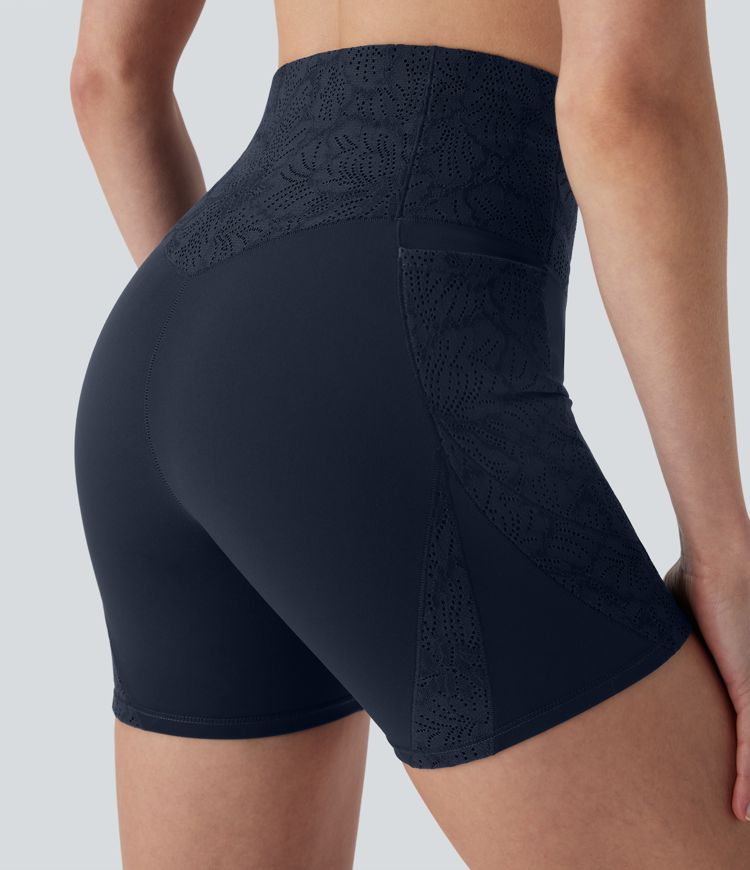 Halara UltraSculpt™ High Waisted Tummy Control Contrast Lace Shaping Training Biker Shorts 5'' with Pockets
