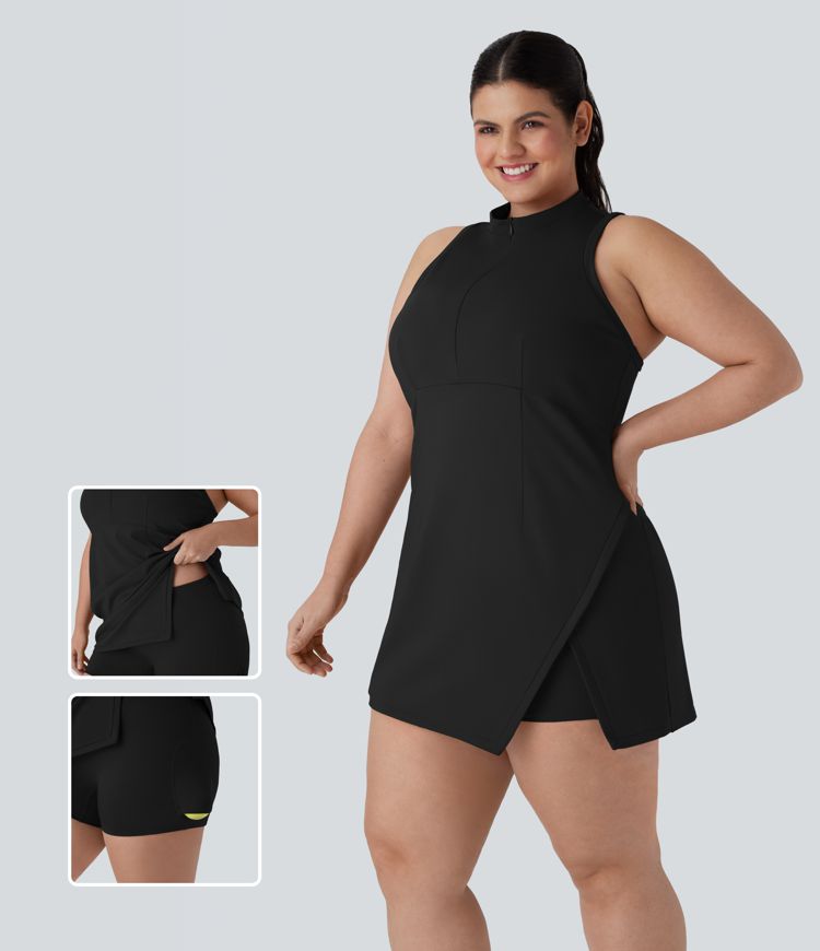 Half Zip Racerback Split 2-Piece Mini Tennis Active Plus Size Dress with Side Pocket