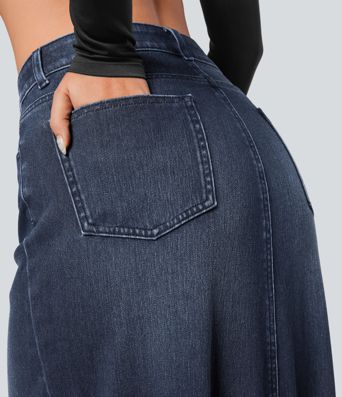 Falda Halara Flex™ Denim mezclilla elástica larga cremallera botones tiro medio múltiples bolsillos divididos