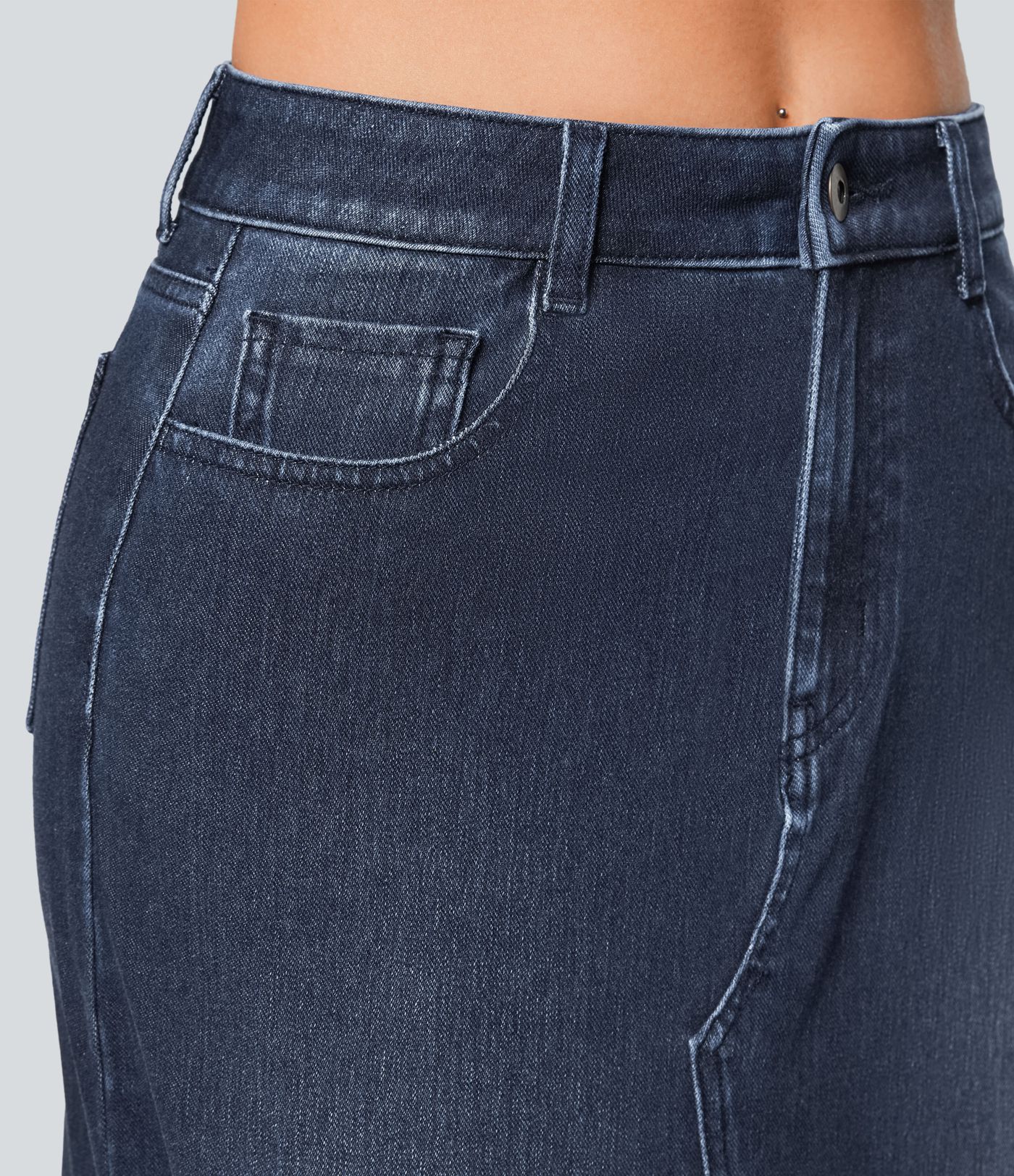 Falda Halara Flex™ Denim mezclilla elástica larga cremallera botones tiro medio múltiples bolsillos divididos