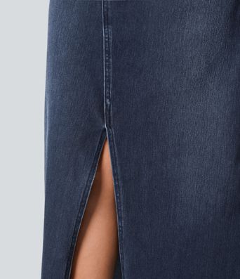 Falda Halara Flex™ Denim mezclilla elástica larga cremallera botones tiro medio múltiples bolsillos divididos