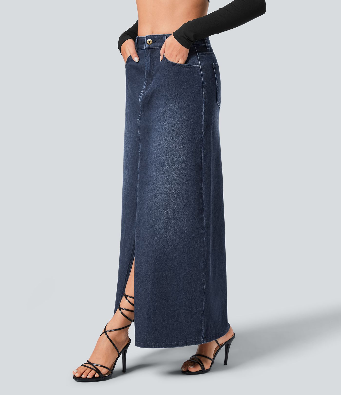 Falda Halara Flex™ Denim mezclilla elástica larga cremallera botones tiro medio múltiples bolsillos divididos