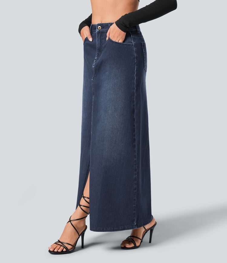 Falda Halara Flex™ Denim mezclilla elástica larga cremallera botones tiro medio múltiples bolsillos divididos