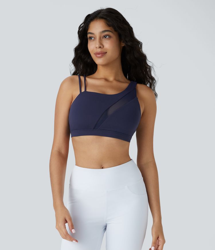 Softlyzero™ Low Support Asymmetric Strap Contrast Mesh Backless Yoga Sports Bra