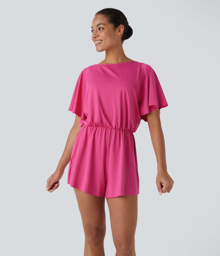 Backless Frill Short Sleeve Dance Romper