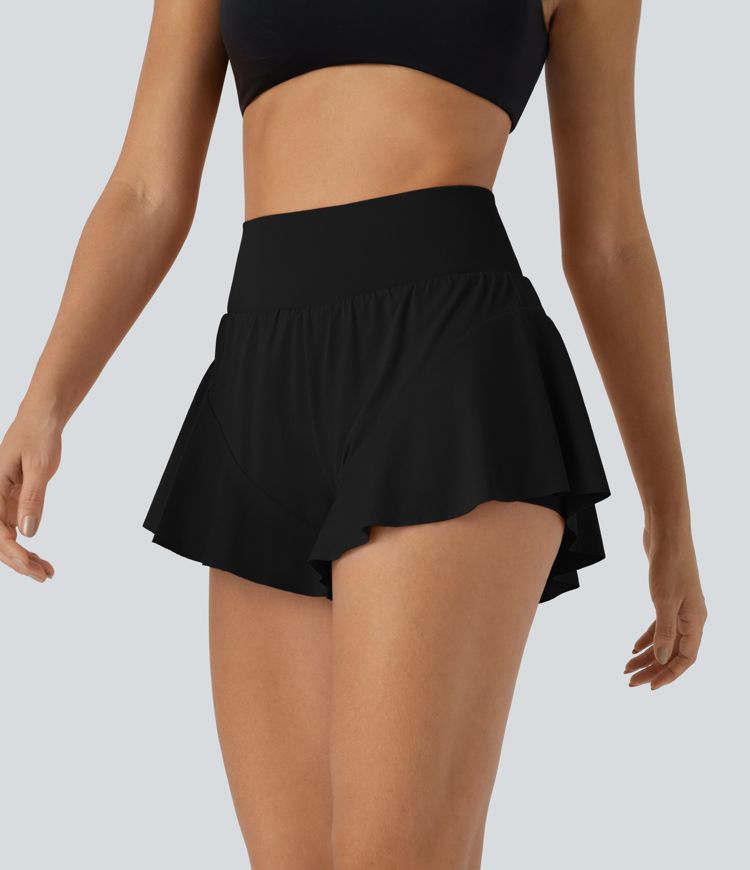 High Waisted Tummy Control Pocket 2-in-1 Ruffle Hem Yoga Shorts