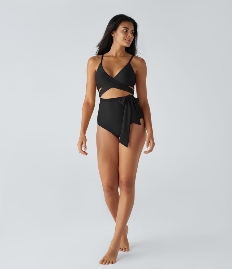 Backless adjustable strap crossover side tie one piece swimsuit