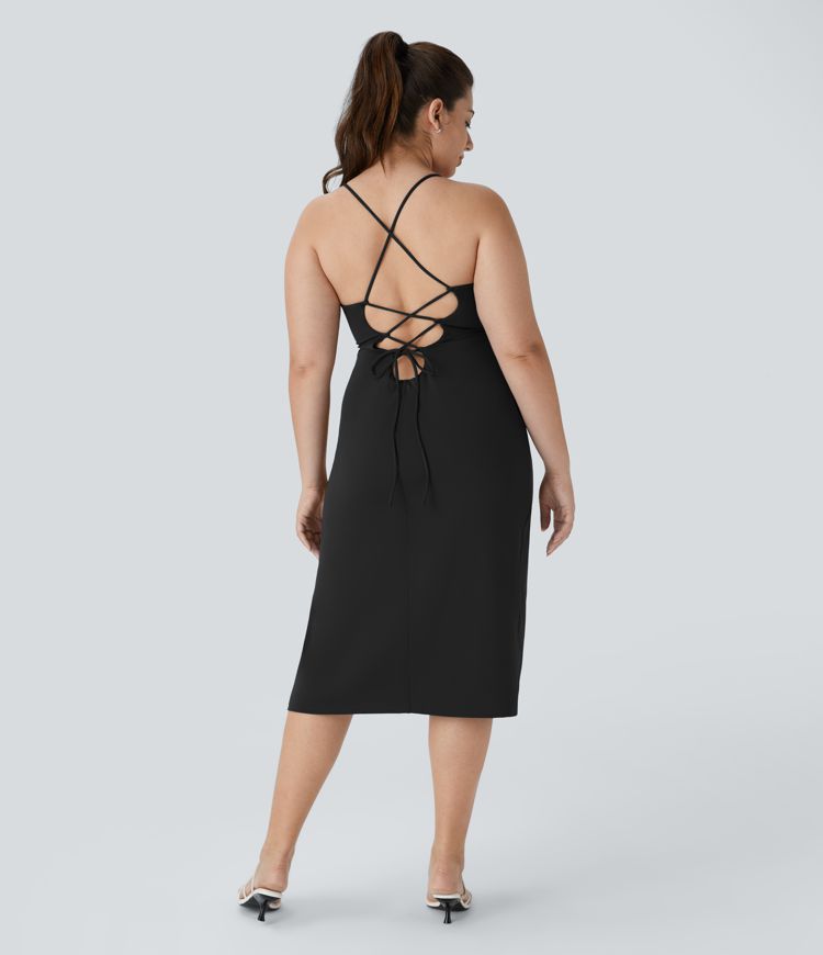 SoftlyZero™ Airy Crossover Ruched Lace Up Bodycon Cool Touch Plus Size Dress-UPF50+