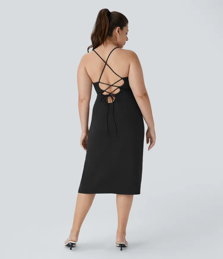 SoftlyZero™ Airy Crossover Ruched Lace Up Bodycon Cool Touch Plus Size Dress-UPF50+