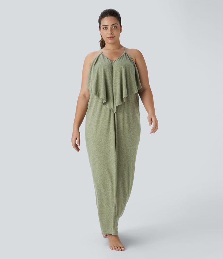 Robe Vacance Maxi Grande Taille à Col en V Dos Nu avec Lien à Nouer et Froncée
