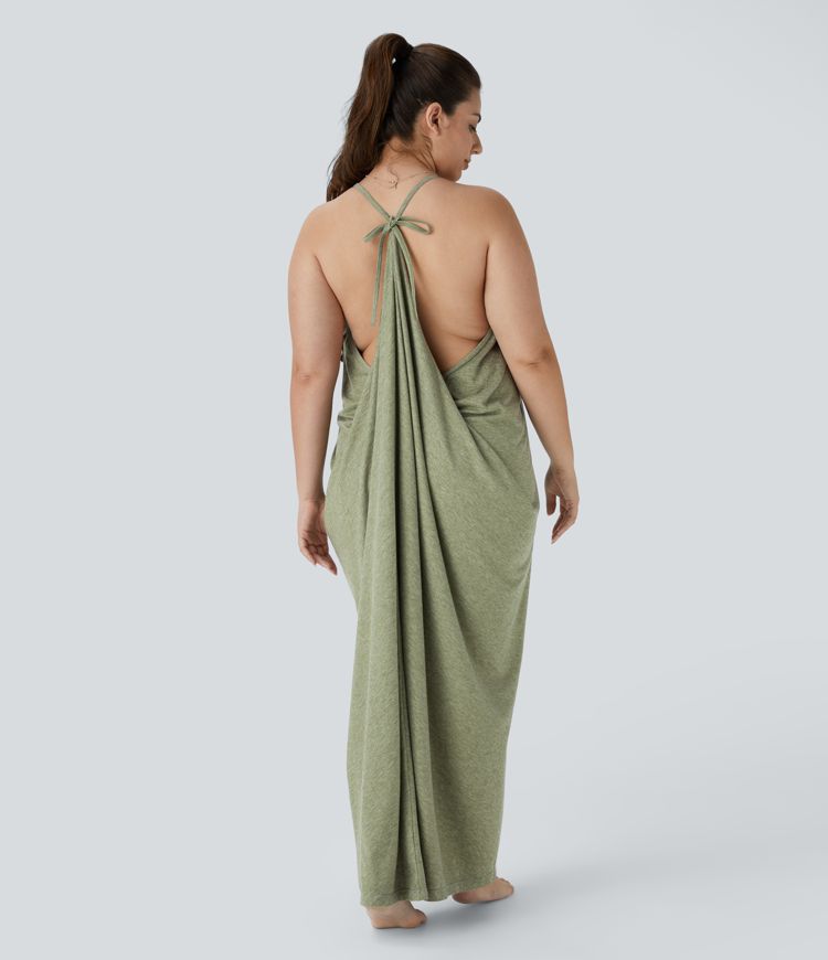 Robe Vacance Maxi Grande Taille à Col en V Dos Nu avec Lien à Nouer et Froncée
