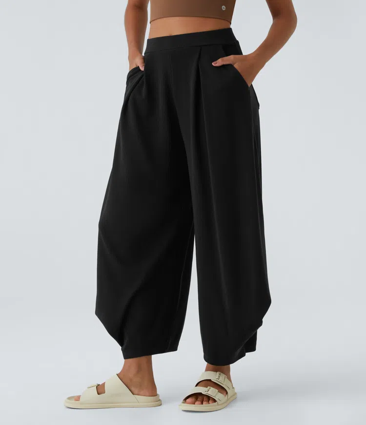 Ribbed High Waist Wrinkle Multiple Pocket Solid Color Casual Harem Pants