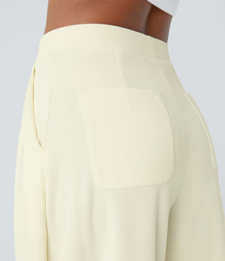 Pantalon Harem Causal à Taille Haute Côtelée avec Plis et Poches Multiples