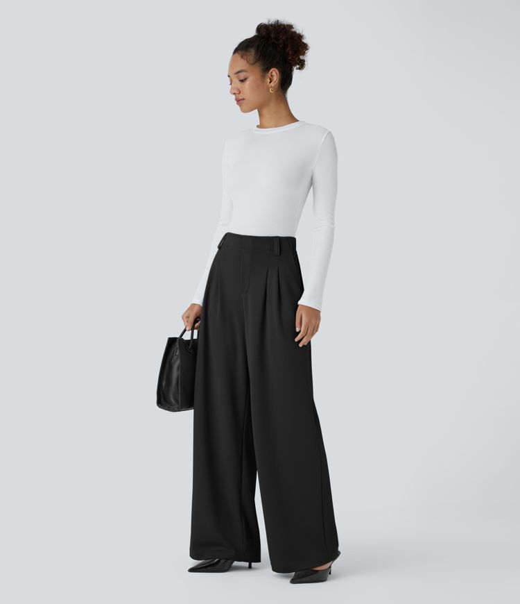 Pantalón Halara Flex™ oficina crepé pierna ancha bolsillo lateral tiro alto