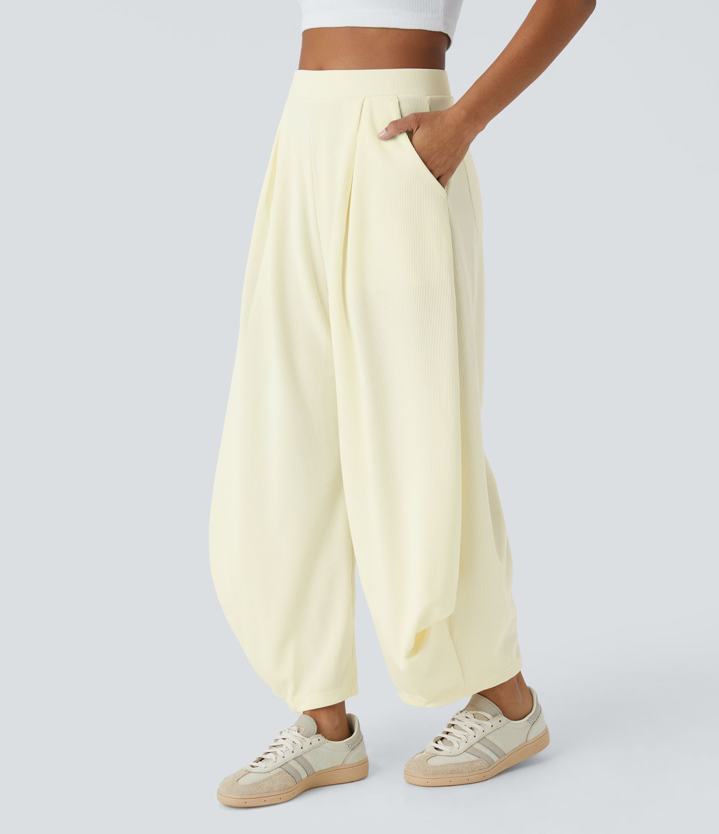 Pantalon décontracté harem uni côtelé, taille haute, avec poches