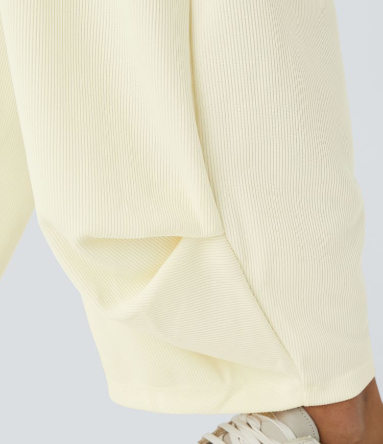 Pantalon Harem Causal à Taille Haute Côtelée avec Plis et Poches Multiples