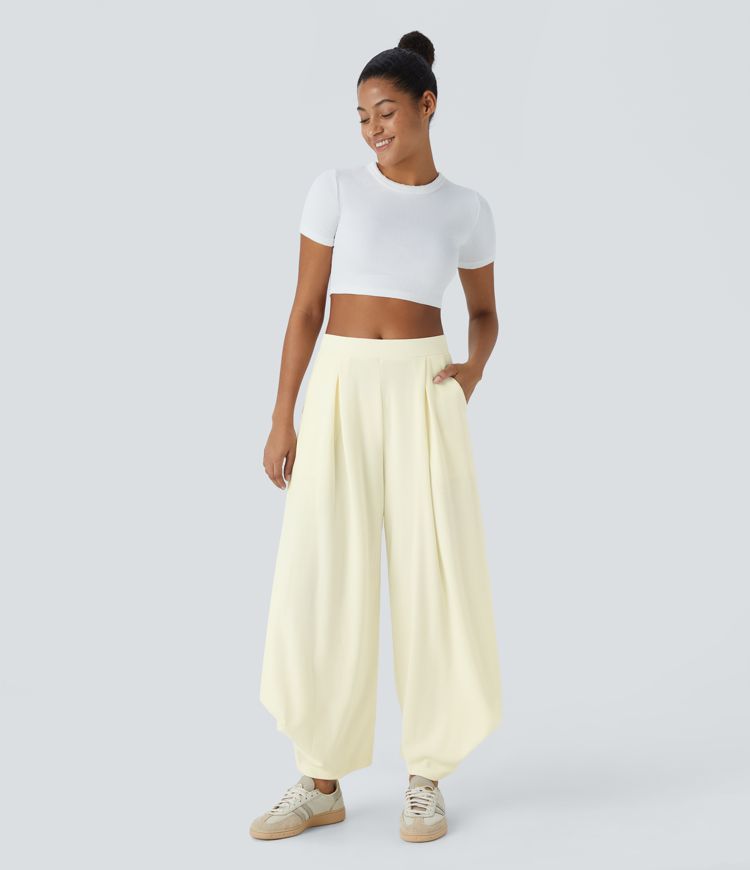 Pantalon Harem Causal à Taille Haute Côtelée avec Plis et Poches Multiples