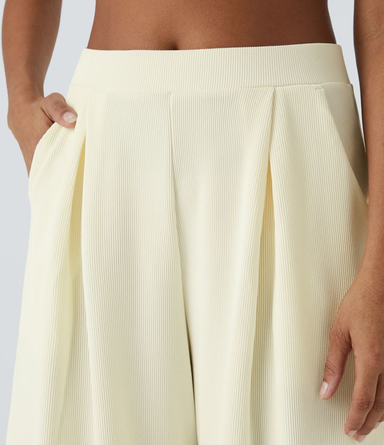 Pantalon Harem Causal à Taille Haute Côtelée avec Plis et Poches Multiples