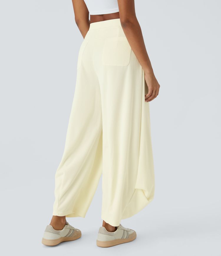 Pantalon Harem Causal à Taille Haute Côtelée avec Plis et Poches Multiples