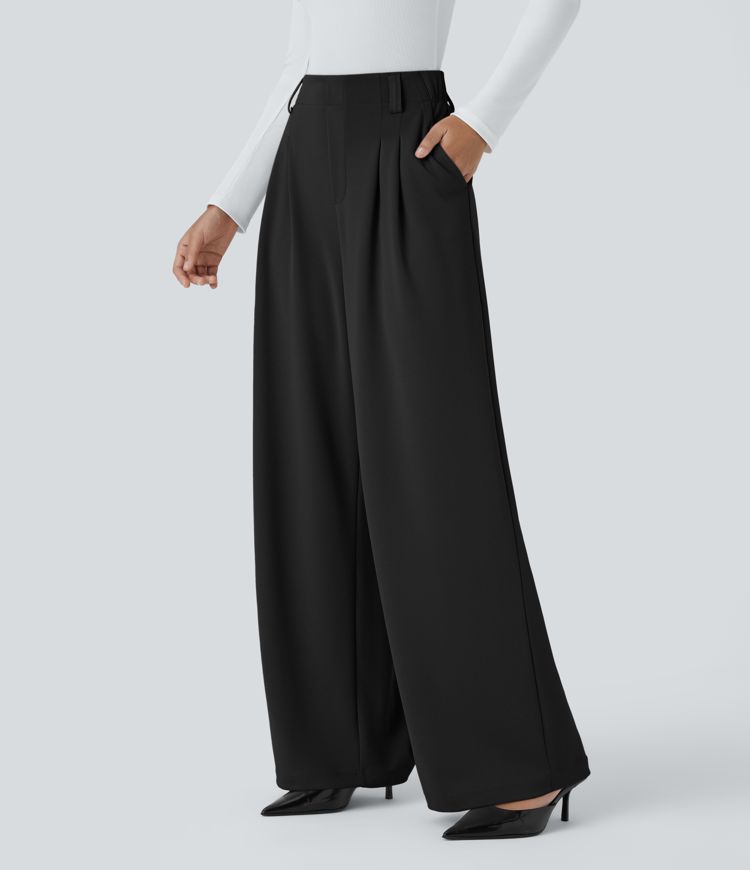 Pantalón Halara Flex™ oficina crepé pierna ancha bolsillo lateral tiro alto