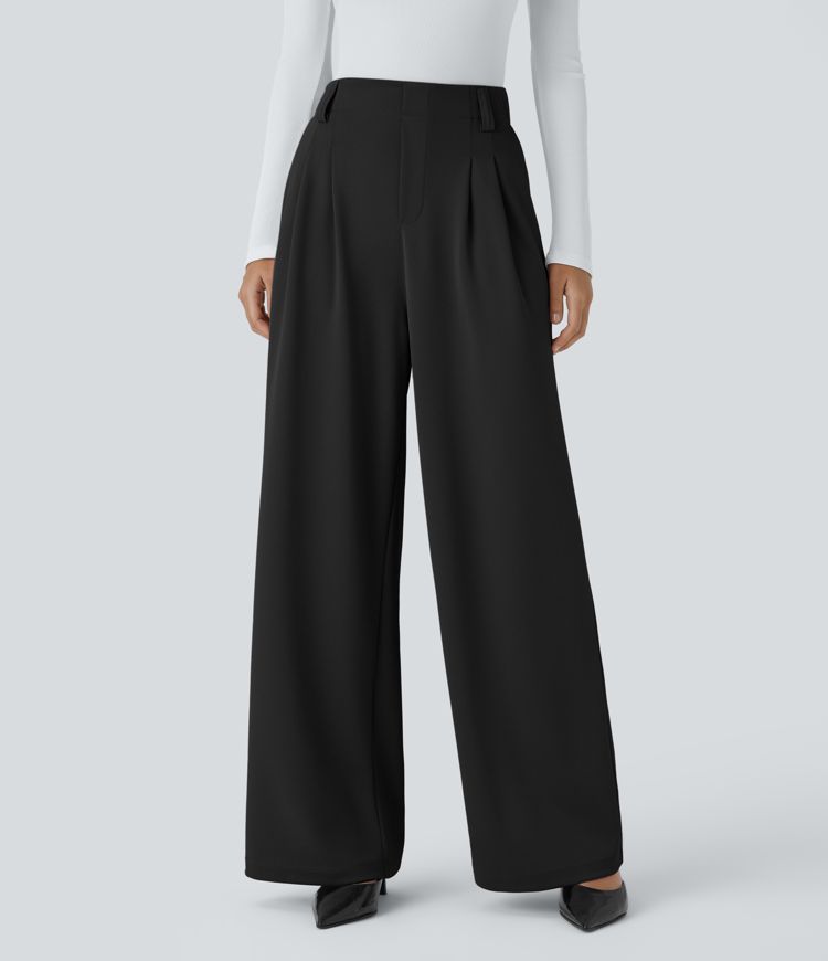Halara Flex™ Pantalon Tailleur Taille Haute Plissée Côté Poche Jambes Large Crêpe