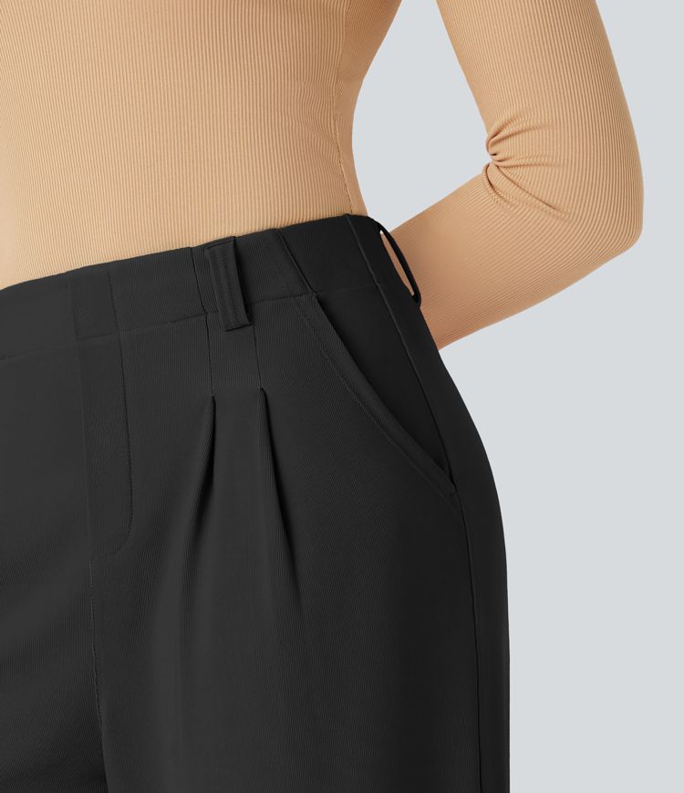 Pantalón Halara Flex™ oficina tiro alto pliegue bolsillo lateral pierna ancha micro gofre