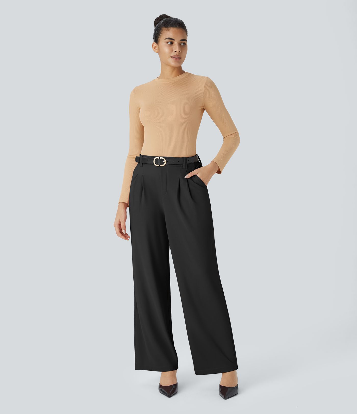 Pantalón Halara Flex™ oficina tiro alto pliegue bolsillo lateral pierna ancha micro gofre