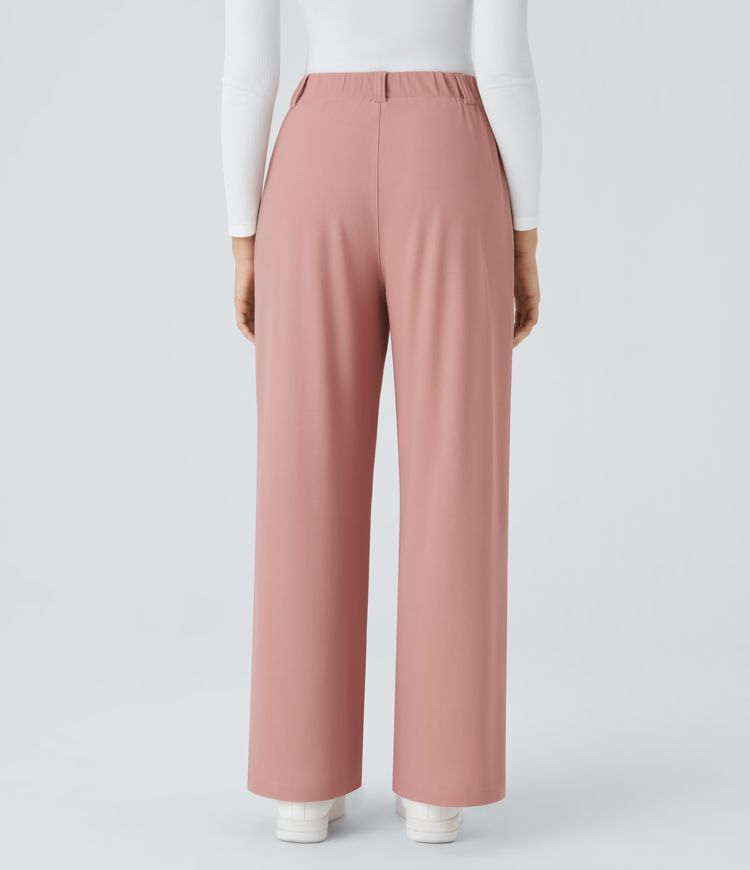 Halara Flex™ Pantalon Tailleur à taille haute, jambes larges, plis, poches latérales et tissu micro-gaufré