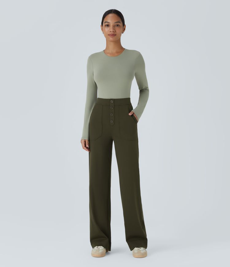 High Waisted Pockets Straight Leg Casual Pants