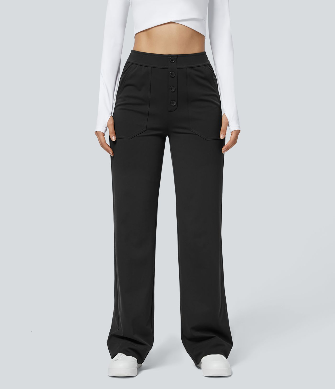 Pantalón recto de tiro alto con botones y bolsillos