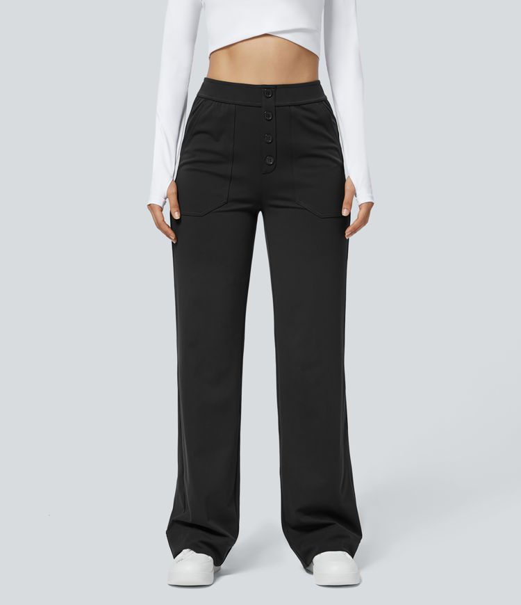 High Waisted Button Multiple Pockets Straight Leg Casual Pants