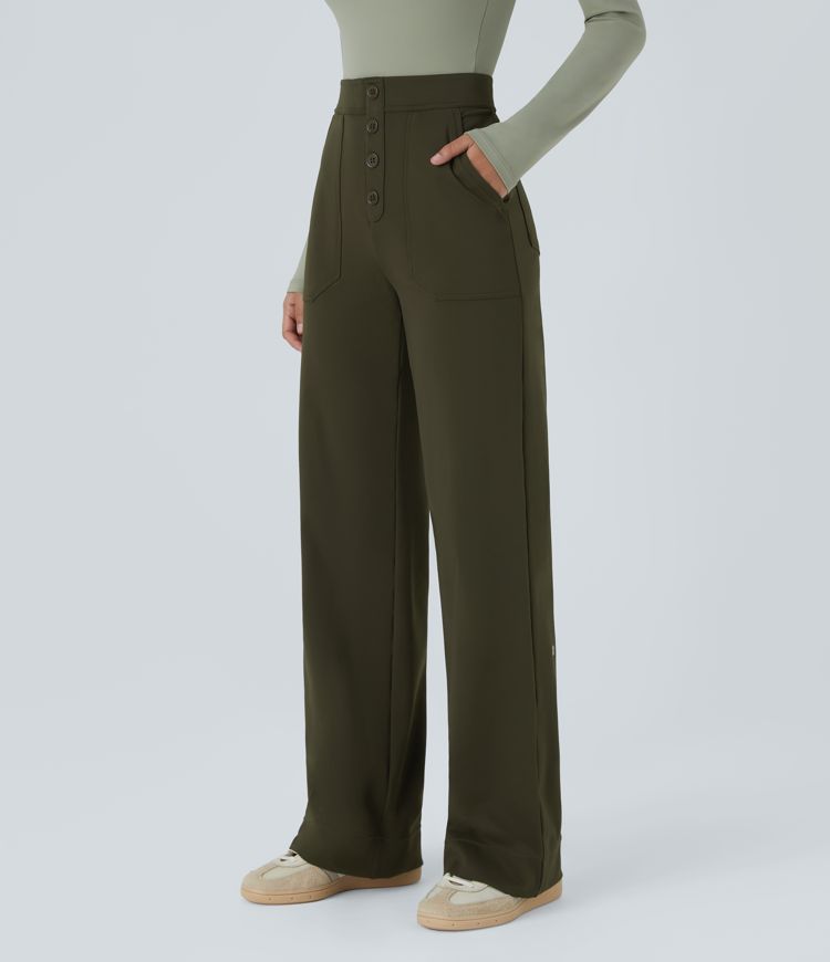 High Waisted Pockets Straight Leg Casual Pants