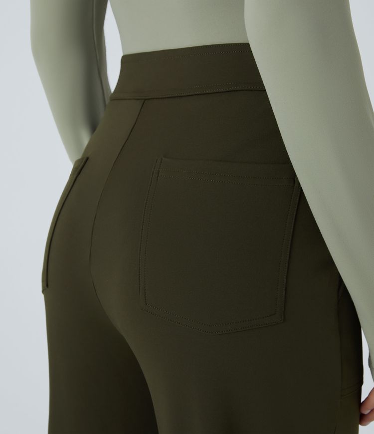 High Waisted Pockets Straight Leg Casual Pants