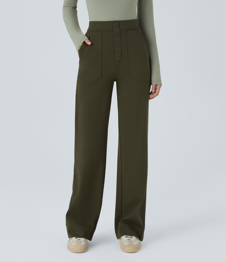 High Waisted Pockets Straight Leg Casual Pants