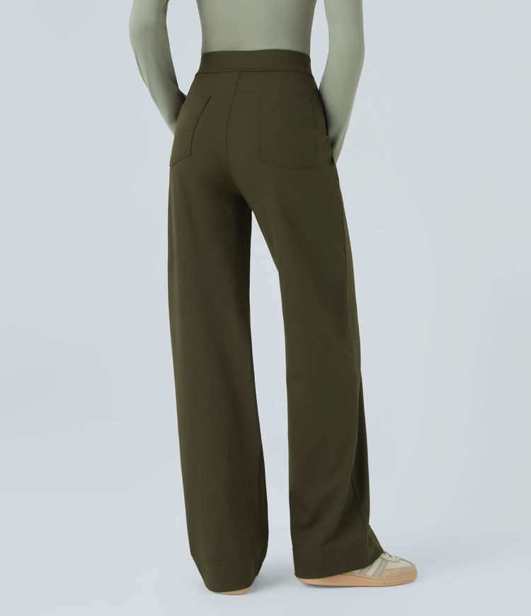 High Waisted Pockets Straight Leg Casual Pants