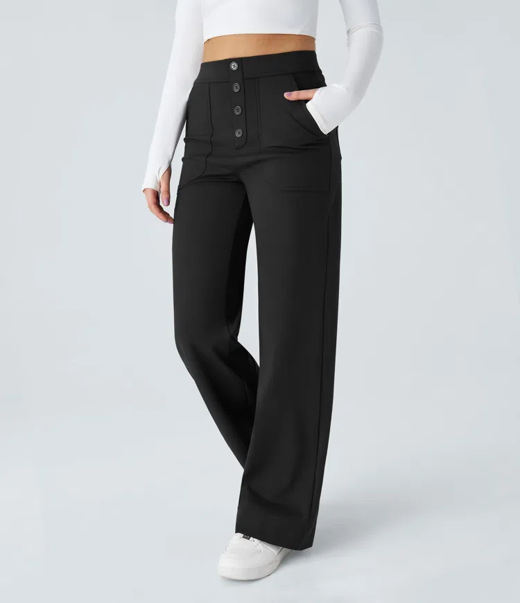 High-waisted button multiple pocket straight leg casual pants