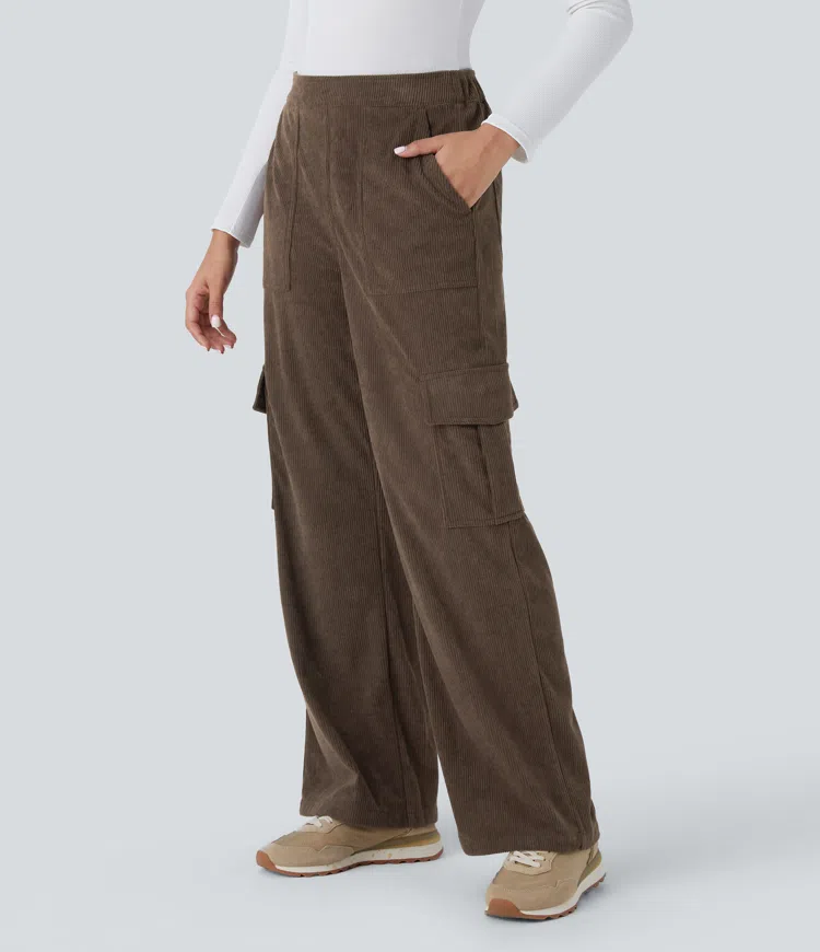 Mid-rise multi-pocket straight leg corduroy casual cargo pants