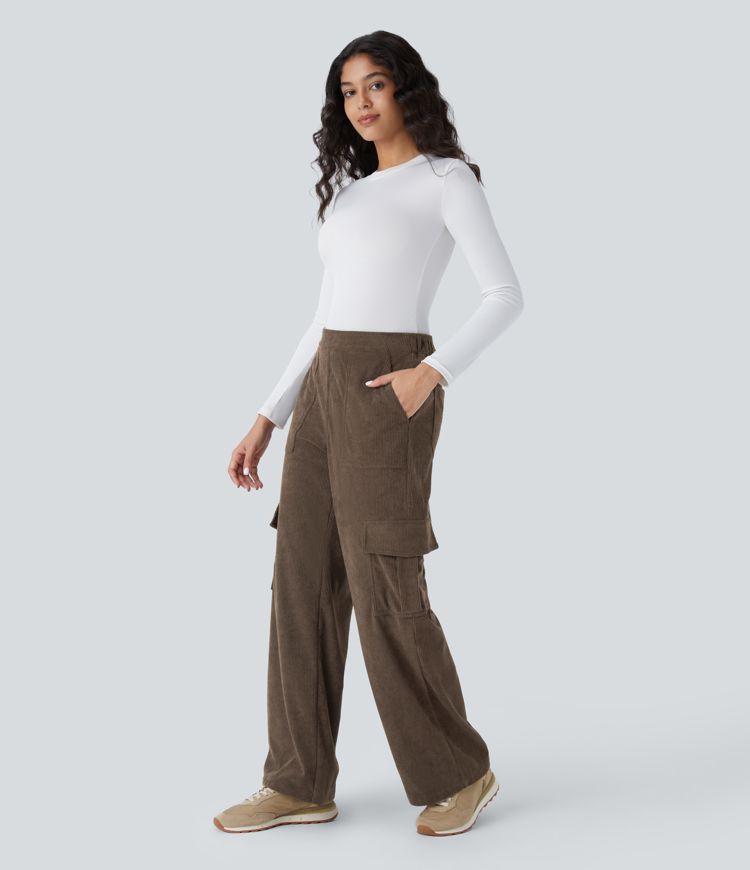 Pantalon cargo droit en velours côtelé taille moyenne avec poches multiples