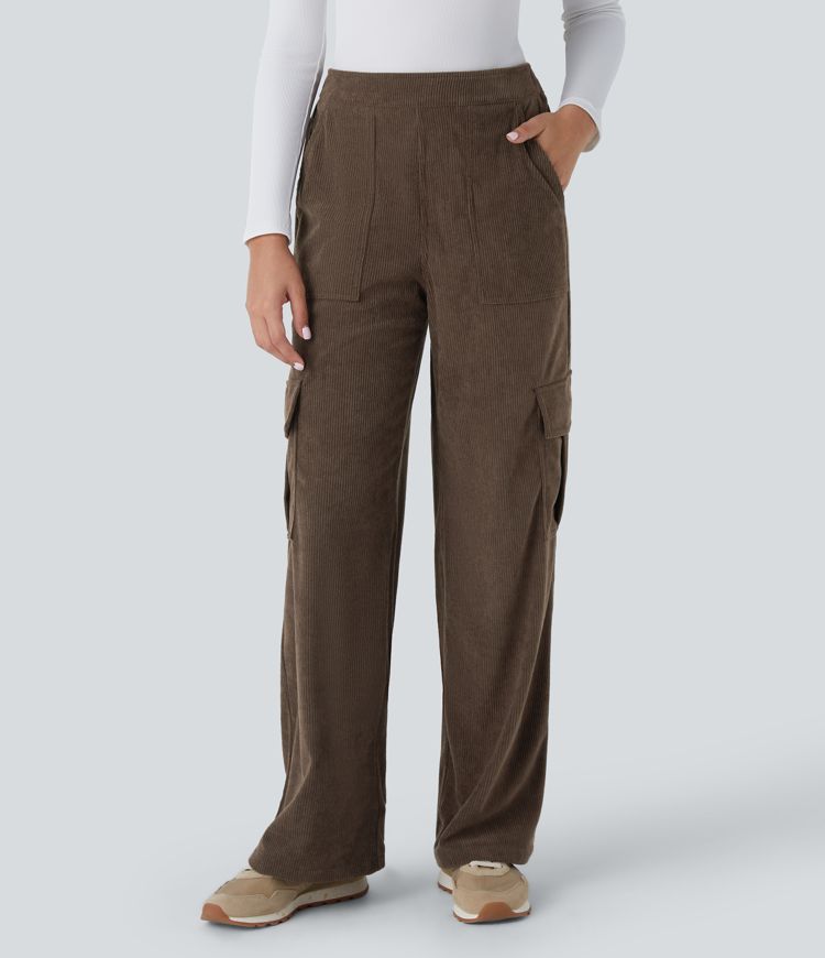 Pantalon cargo droit en velours côtelé taille moyenne avec poches multiples