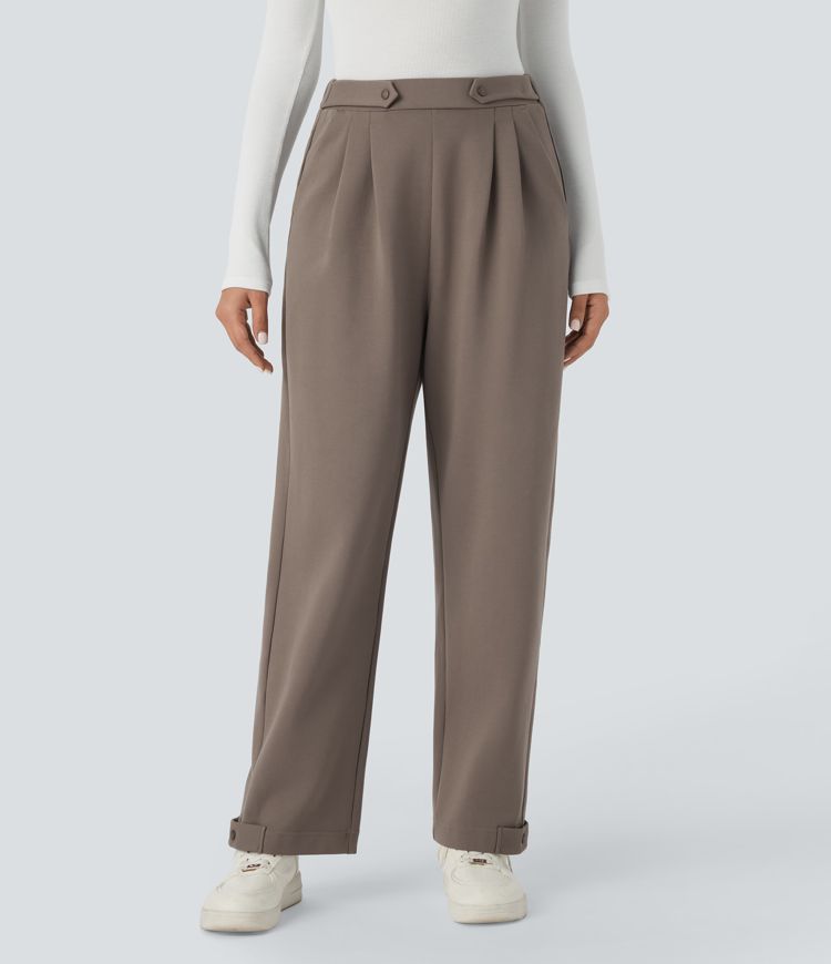 Pantalón Halara Flex™ oficina tiro alto plisado bolsillo lateral de pierna recta dobladillo ajustable