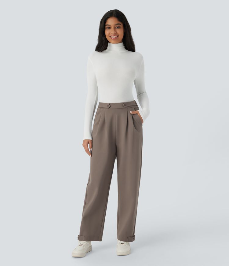 Pantalón Halara Flex™ oficina tiro alto plisado bolsillo lateral de pierna recta dobladillo ajustable