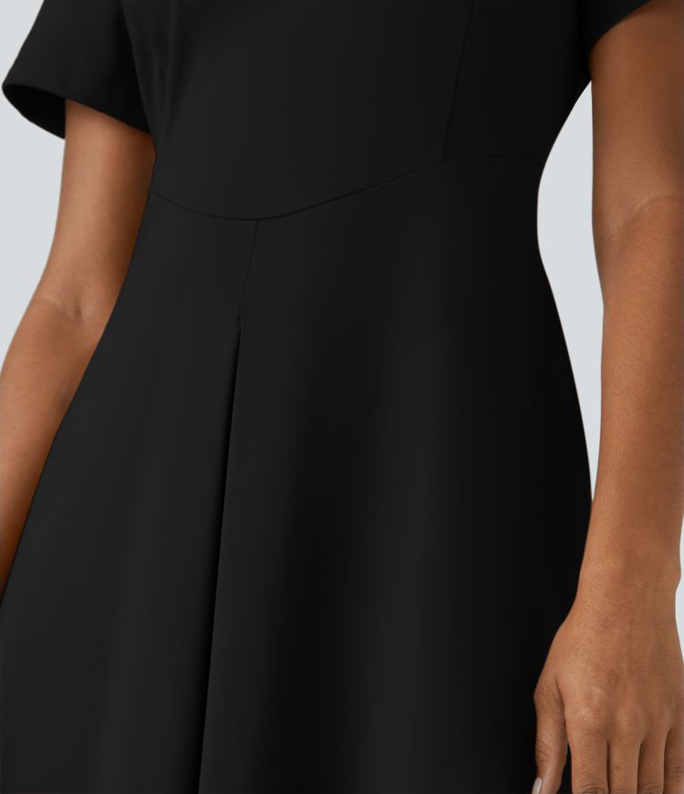 Round Neck Pocket Corset Flare Midi Work Dress