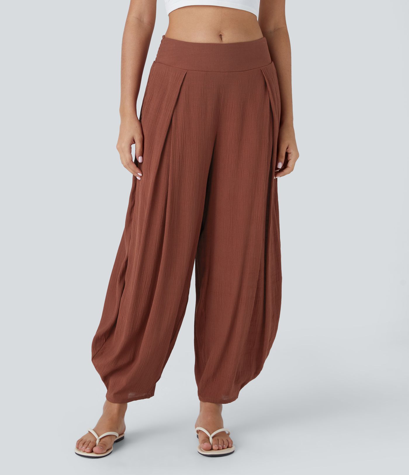 High waist elastic side pocket pleated barrel leg casual jogger pants