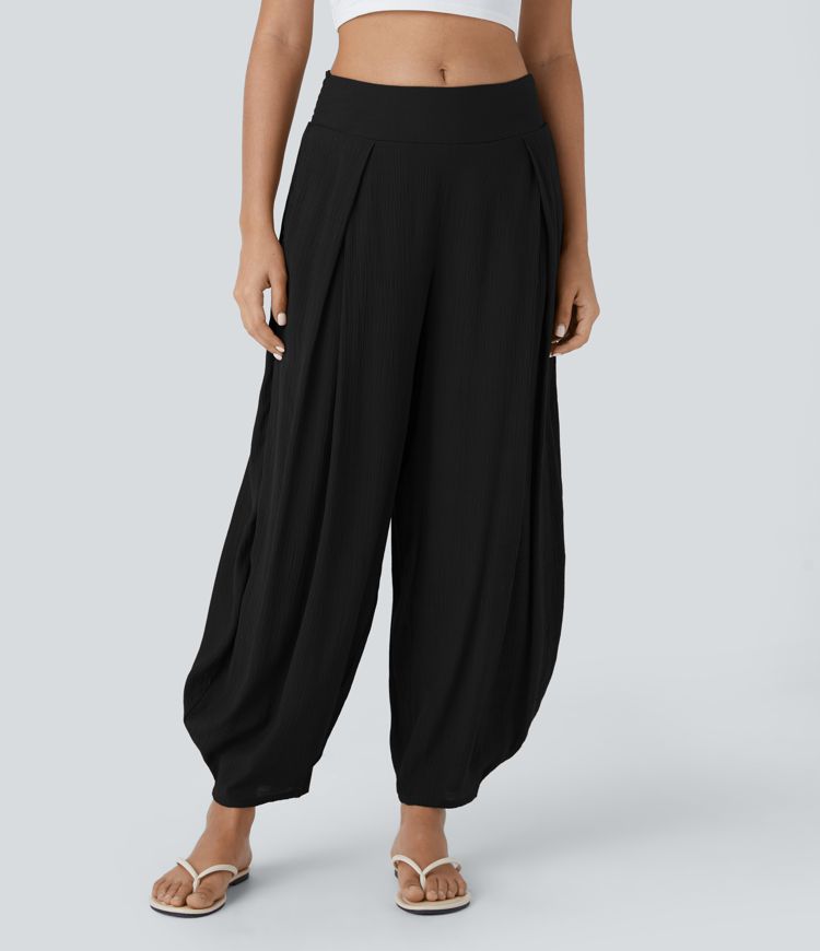 Jogging Casual à Taille Haute avec Élastique à l'Arrière et Poches Latérales Plissées