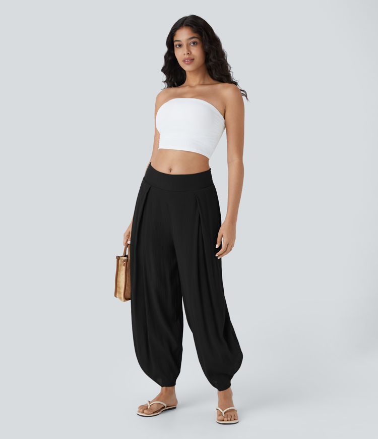 Jogging Casual à Taille Haute avec Élastique à l'Arrière et Poches Latérales Plissées