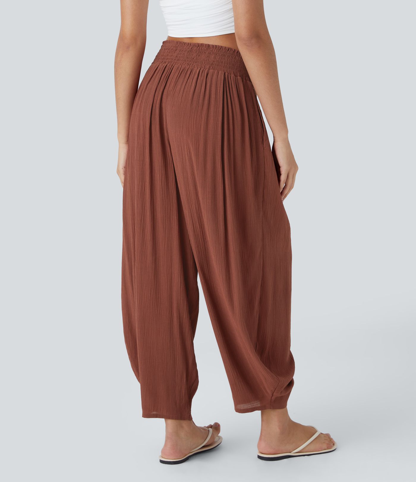 High waist elastic side pocket pleated barrel leg casual jogger pants