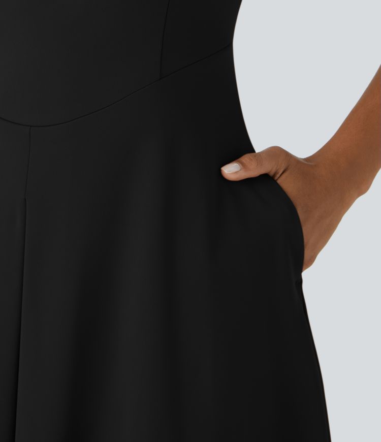 Round Neck Pocket Corset Flare Midi Work Dress