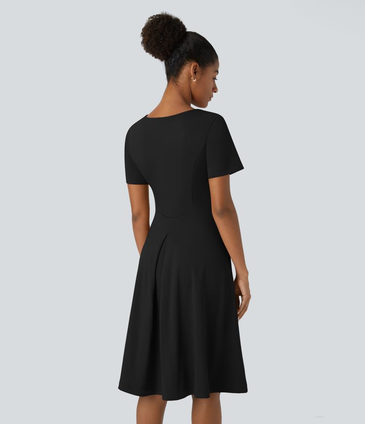 Round Neck Pocket Corset Flare Midi Work Dress