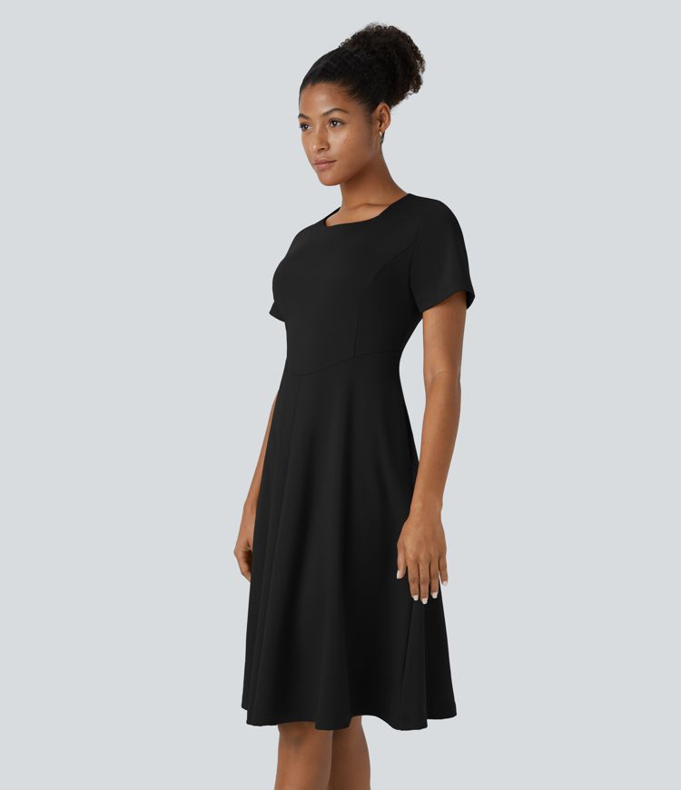 Round Neck Pocket Corset Flare Midi Work Dress